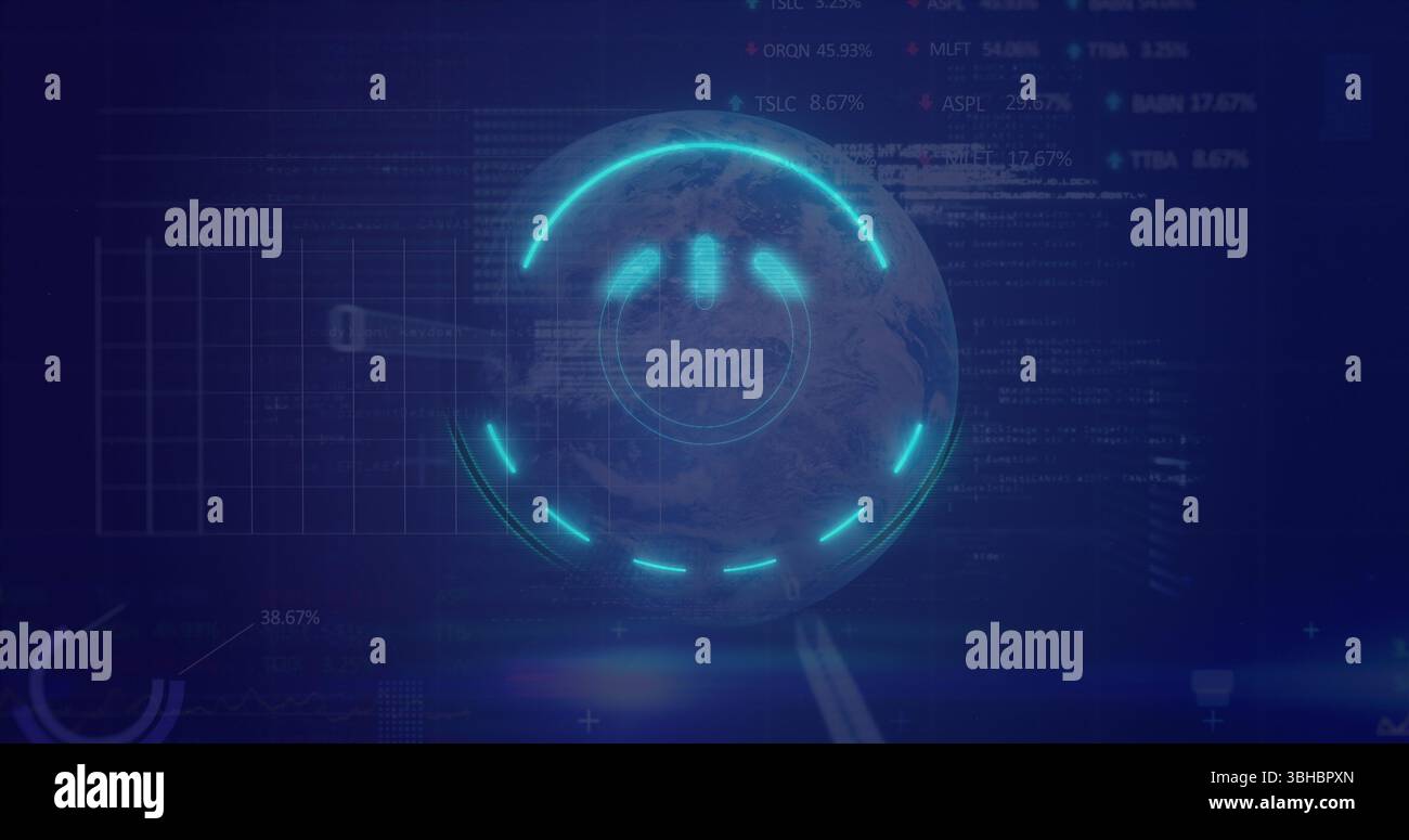 Image of processing circle with power button over digital screen with globe and financial data Stock Photo