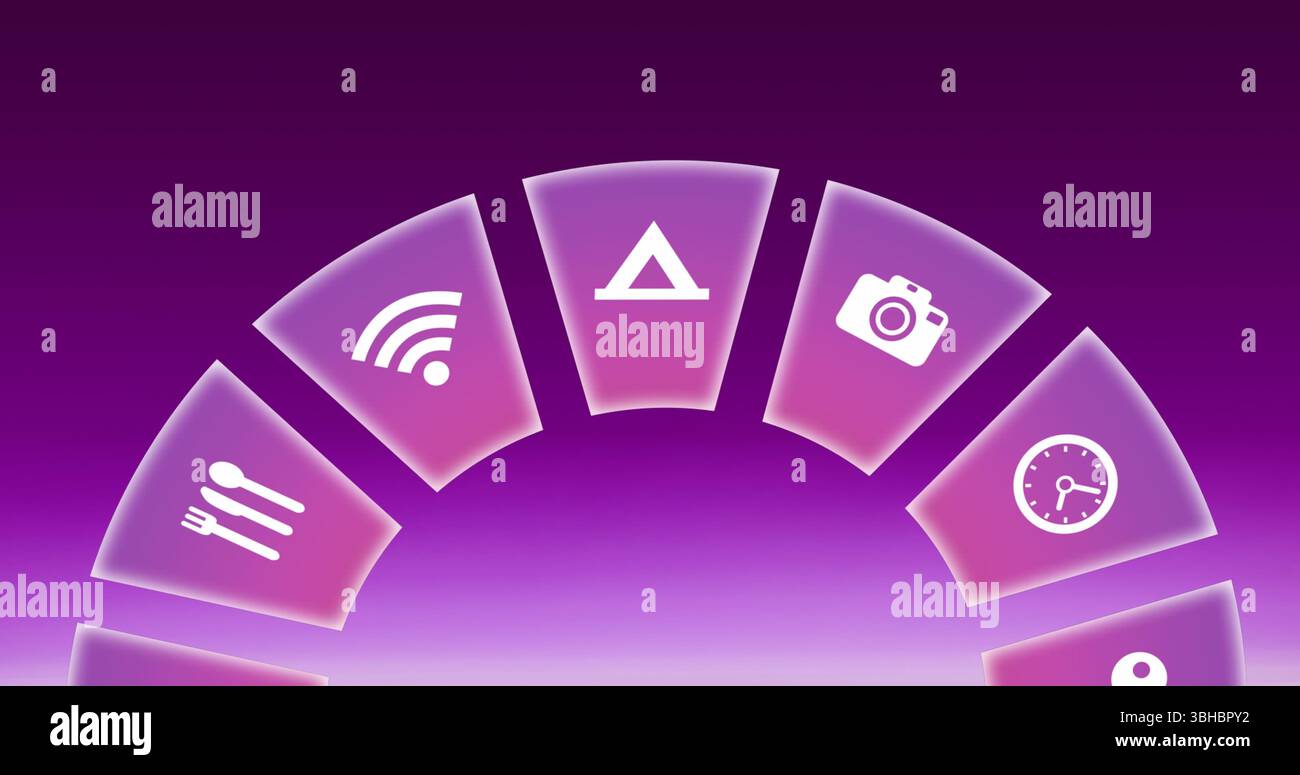 Image of travel icons spinning on pink background. Global travel, technology, digital interface and data processing concept digitally generated image. Stock Photo