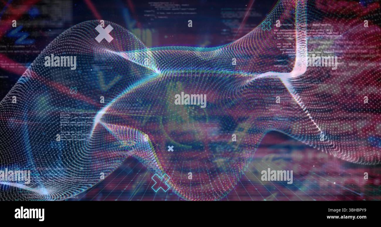 Image of waves and shapes over data processing in digital space Stock Photo