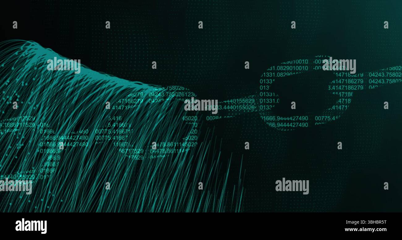 Flowing teal data wave moving through binary grid, with floating ...