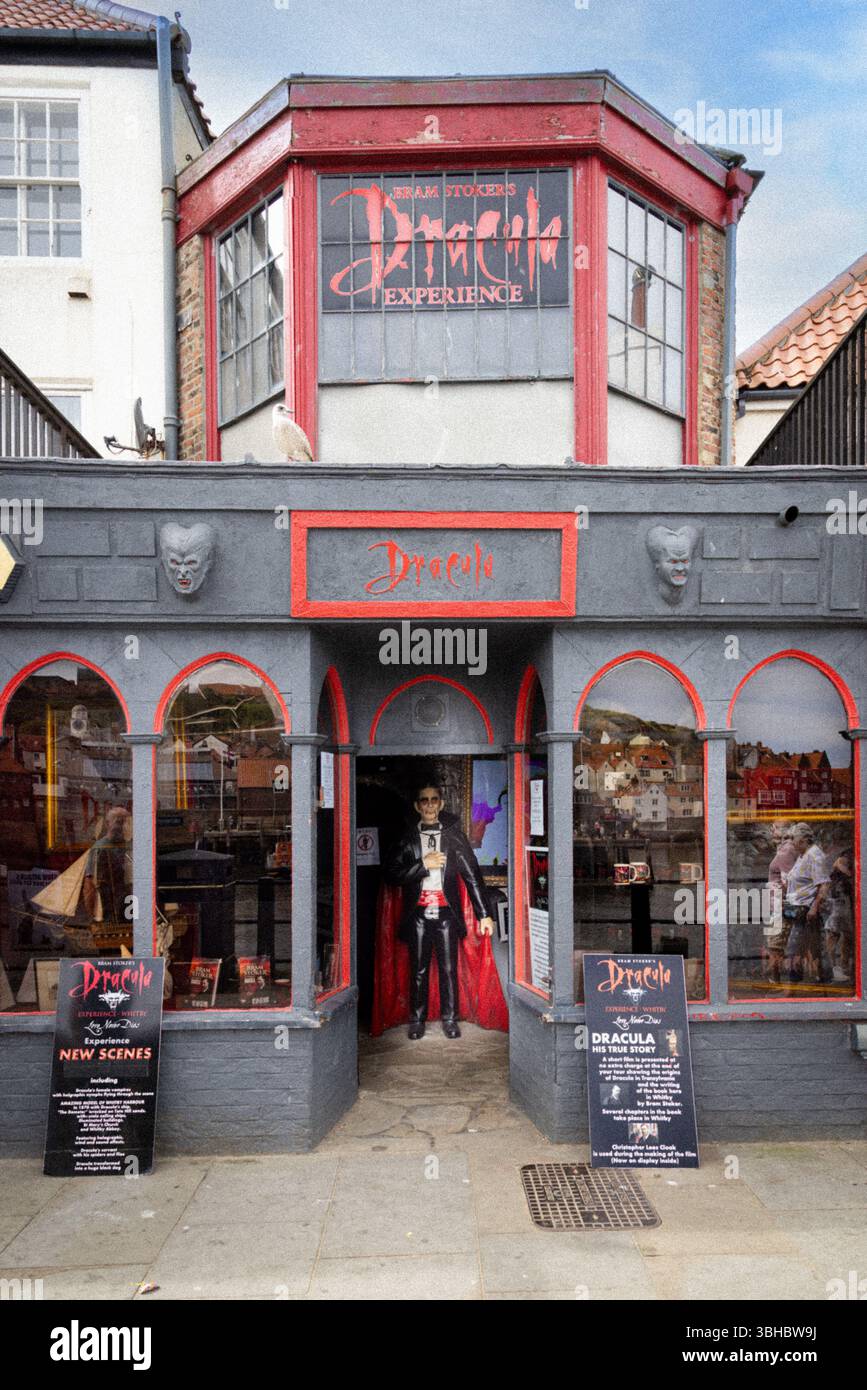 Front view of the Dracula Experience in Whitby, a gothic tourist attraction inspired by Bram Stoker’s famous novel. Sightseeing vampire trail. Stock Photo