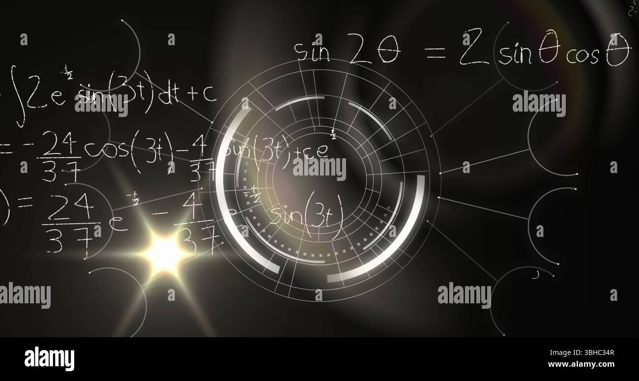 Image of digital screen with data, processing circle and math formulas on black background Stock Photo