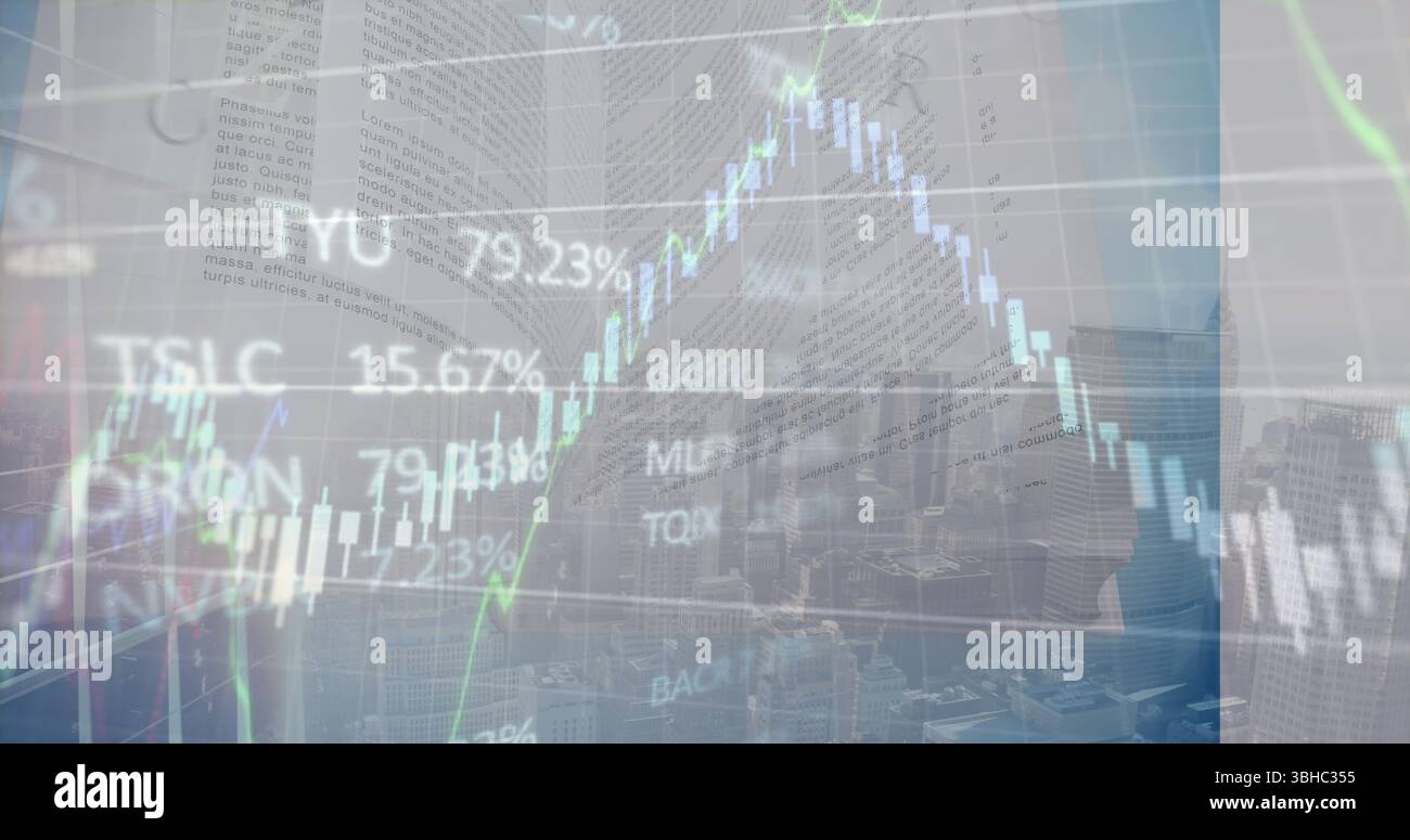 Image of graphs and data over cityscape Stock Photo