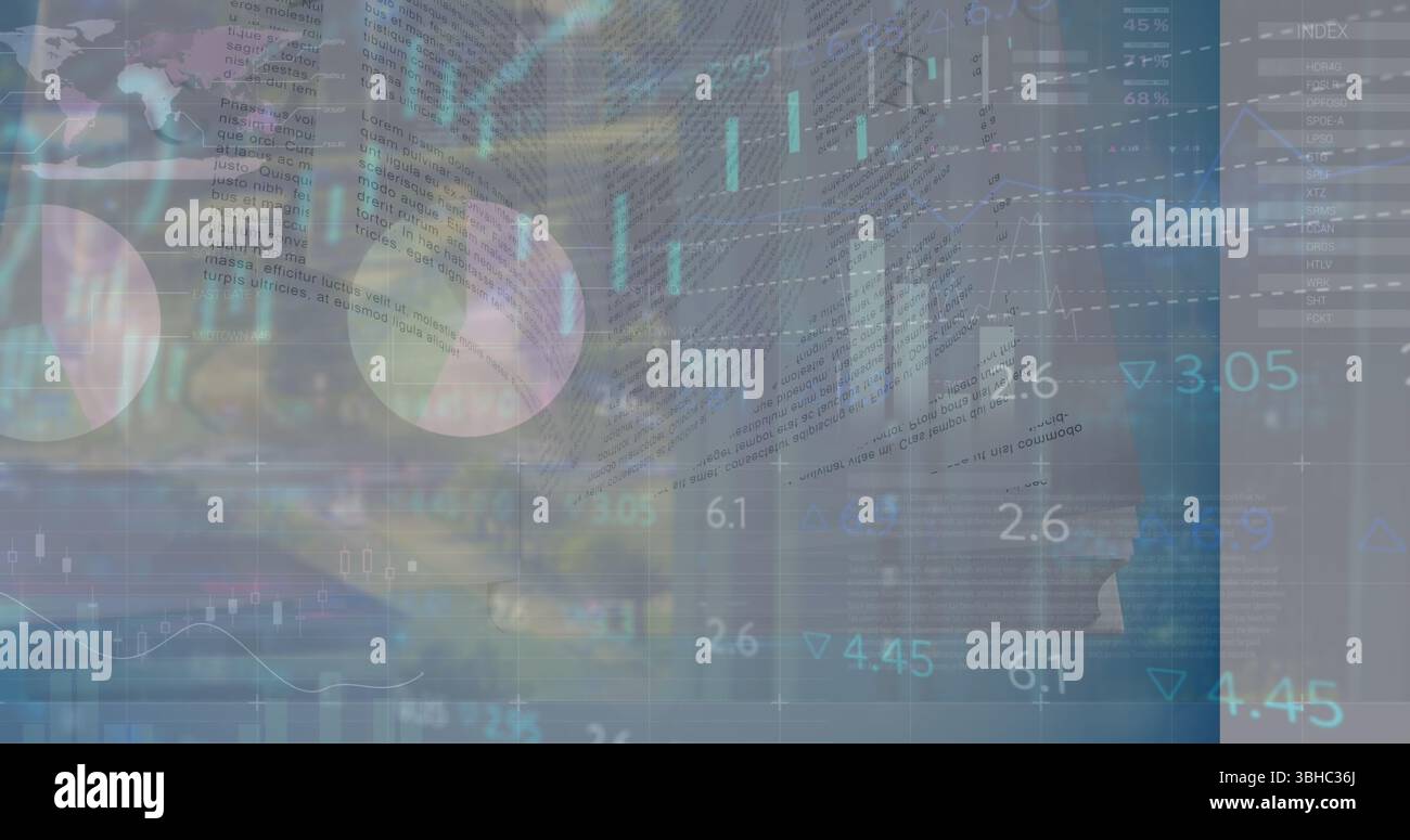 Image of graphs and data over cityscape Stock Photo