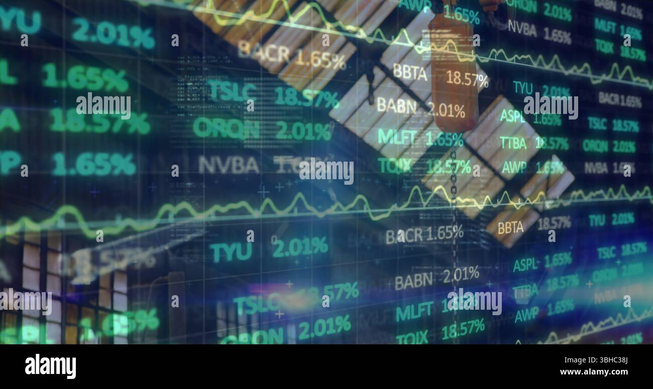 Displaying transparent digital stock ticker overlaying office, with ...