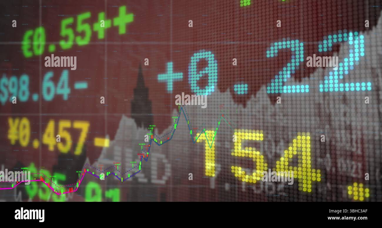 Displaying pixelated currency values and line chart on virtual dashboard interface with red grid. Technology, finance, data visualization, digital, an Stock Photo