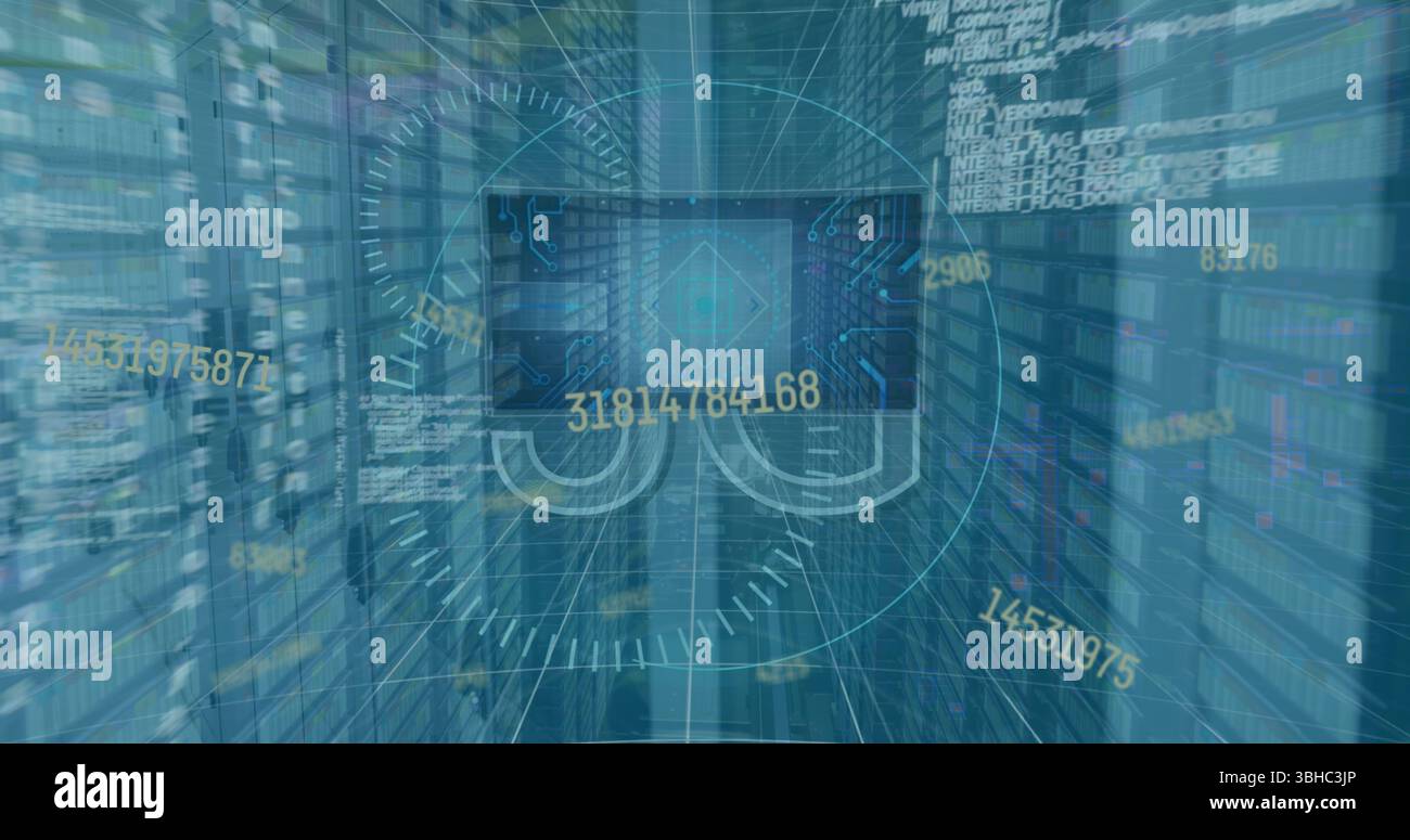 Image of 5g text, statistics and data processing over computer servers in background. Global networks, data processing, digital interface and connecti Stock Photo