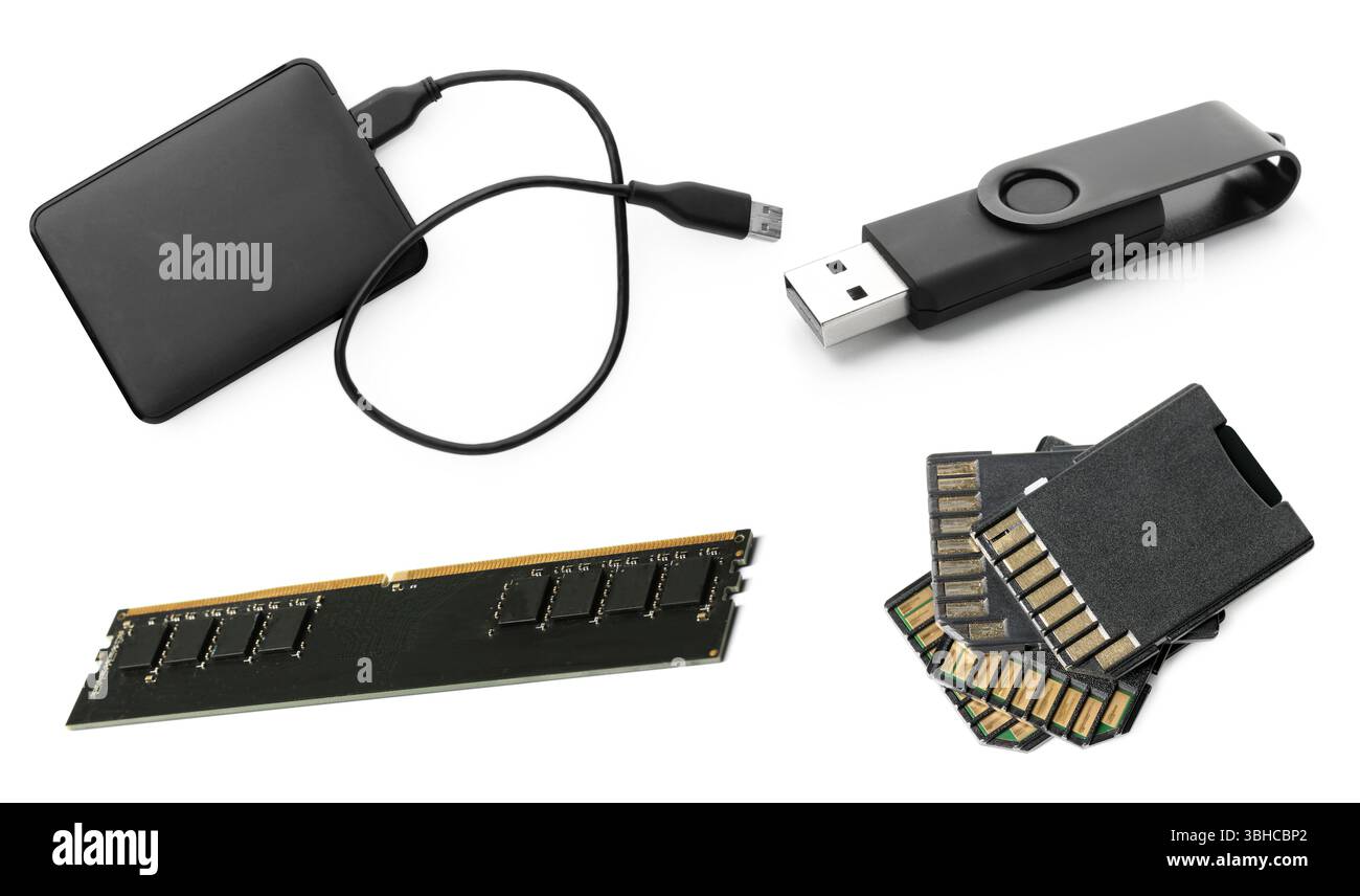 Different modern memory drives isolated on white, collage Stock Photo