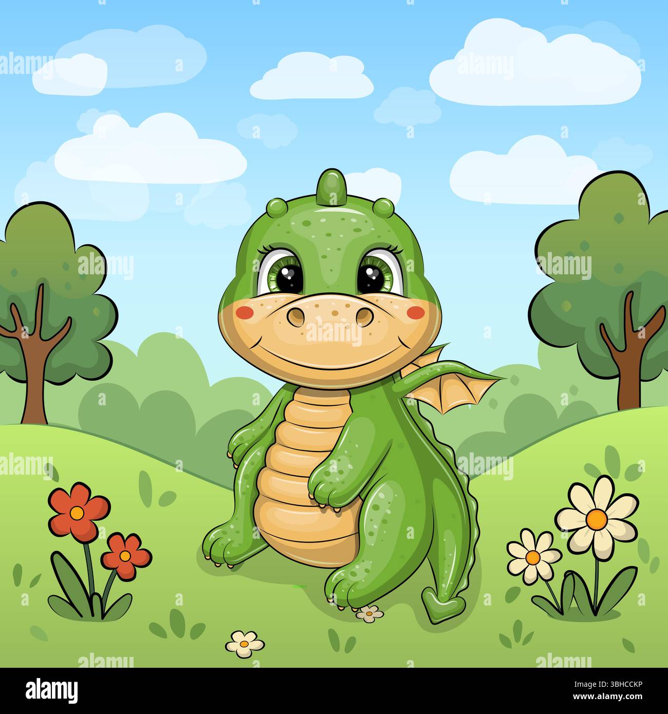 Cute Cartoon Green Dragon in Nature. Vector illustration of an animal ...