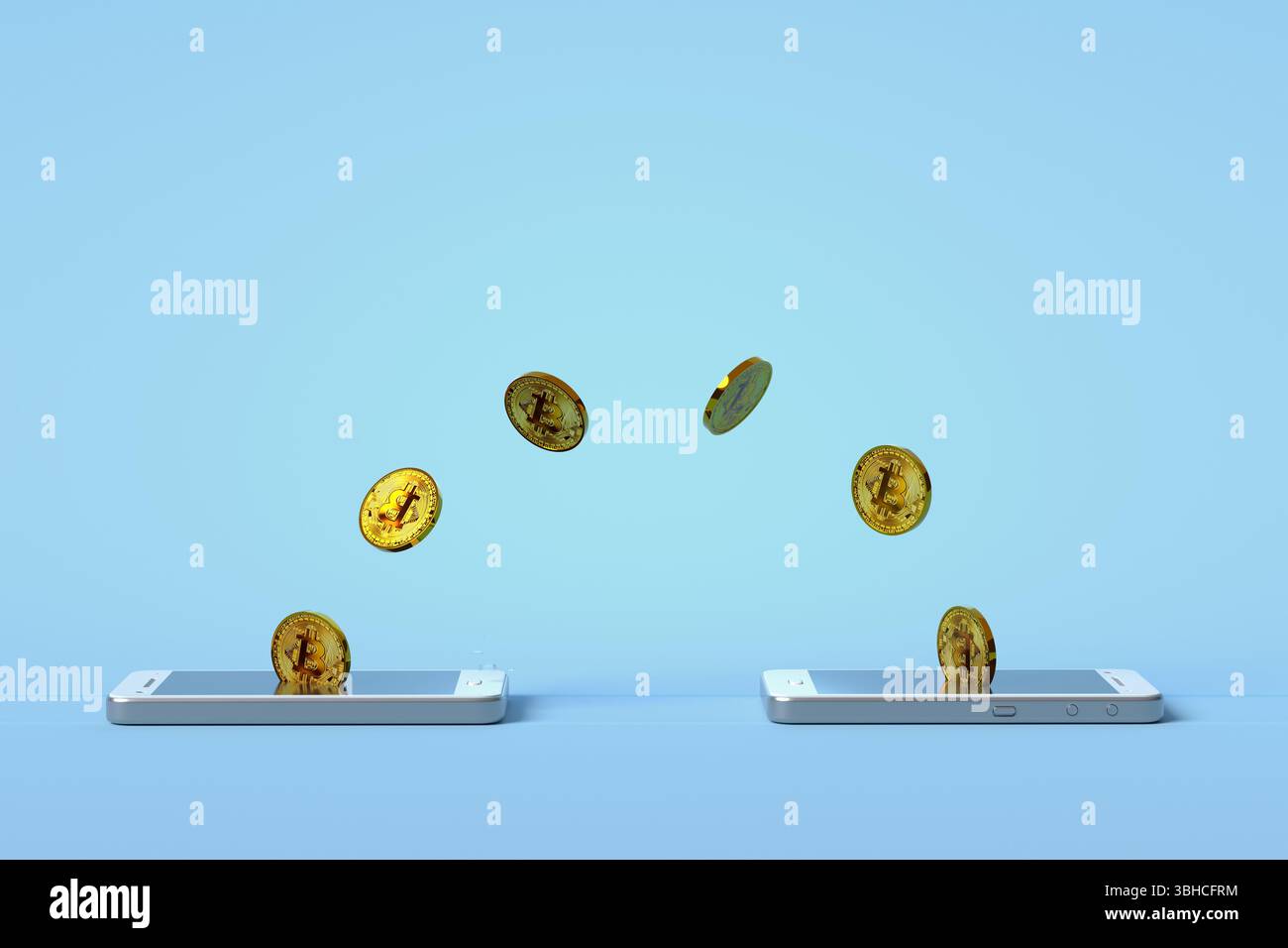 Golden cryptocurrency coins flying between two smartphones ...