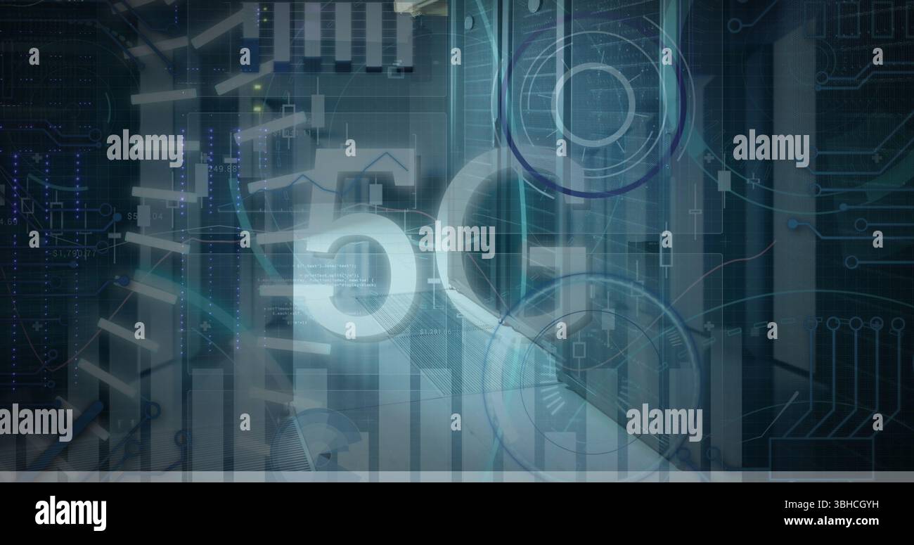 Image of 5g text, statistics and data processing over computer servers in background. Global networks, data processing, digital interface and connecti Stock Photo