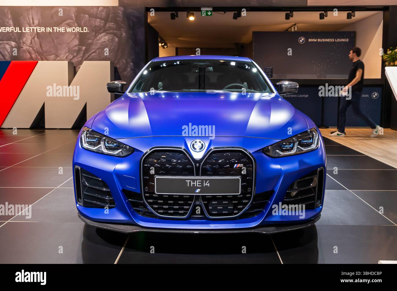 BMW i4 (G26) all-electric Gran Coupe car at the Brussels Autosalon European Motor Show. Brussels, Belgium - January 13, 2023. Stock Photo