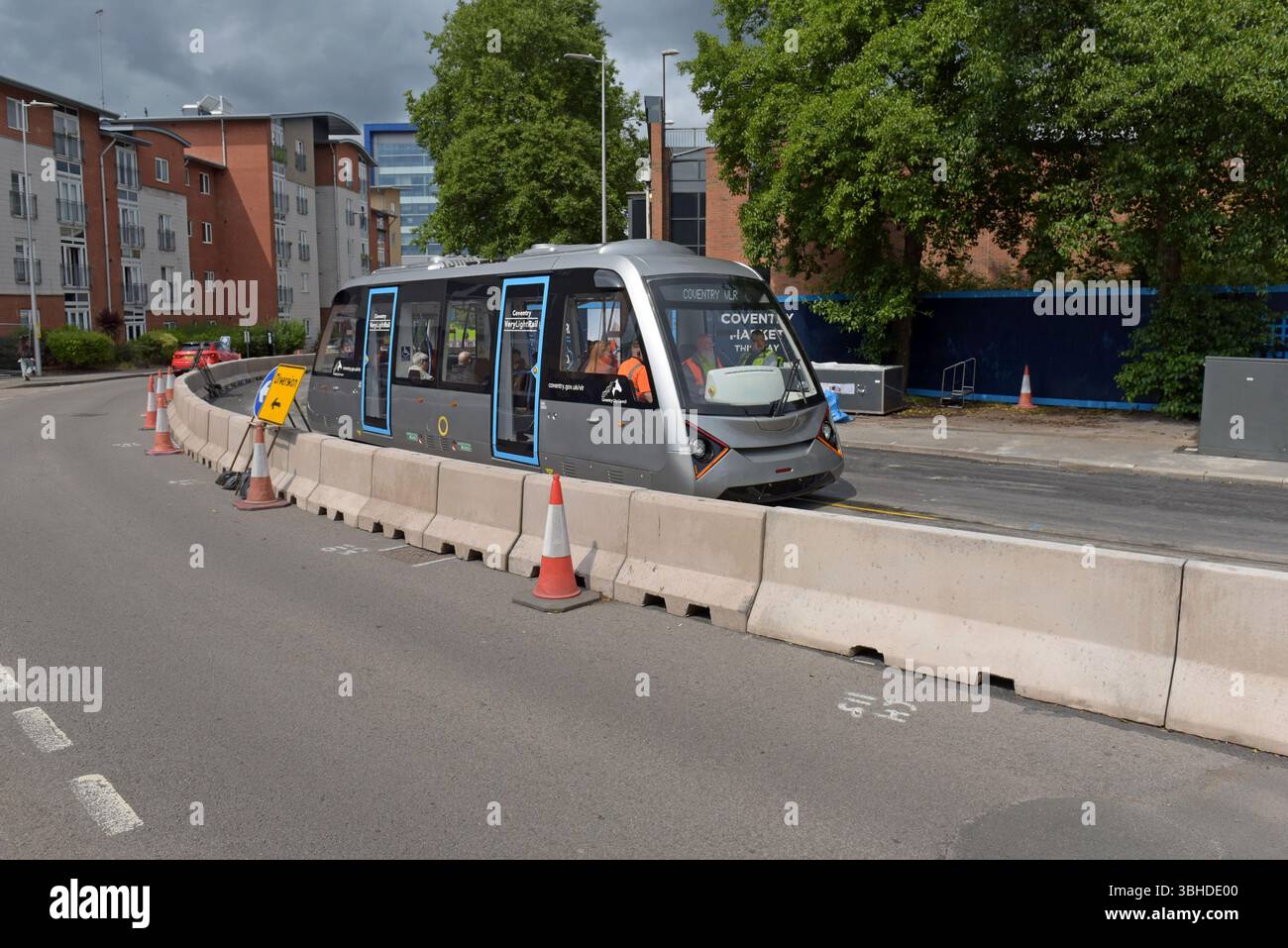 The new Coventry VLR Very Light Rail vehicle on test, a pioneering new tram and railway track system in Coventry, 8th June 2025 Stock Photo