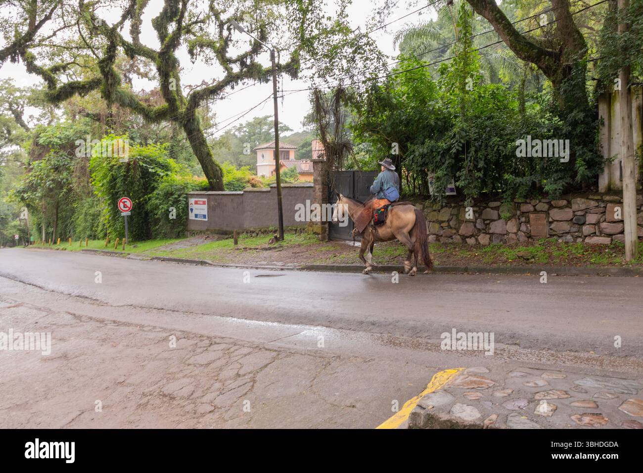 A horse rider ambles down Juan Carlos Davalos near the San Lorenzo ravine just northwest of Salta, Argentina. Stock Photo