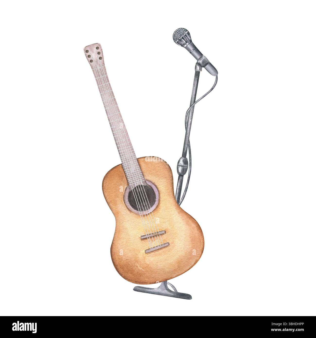 Watercolor string guitar and microphone on stand illustration isolated ...