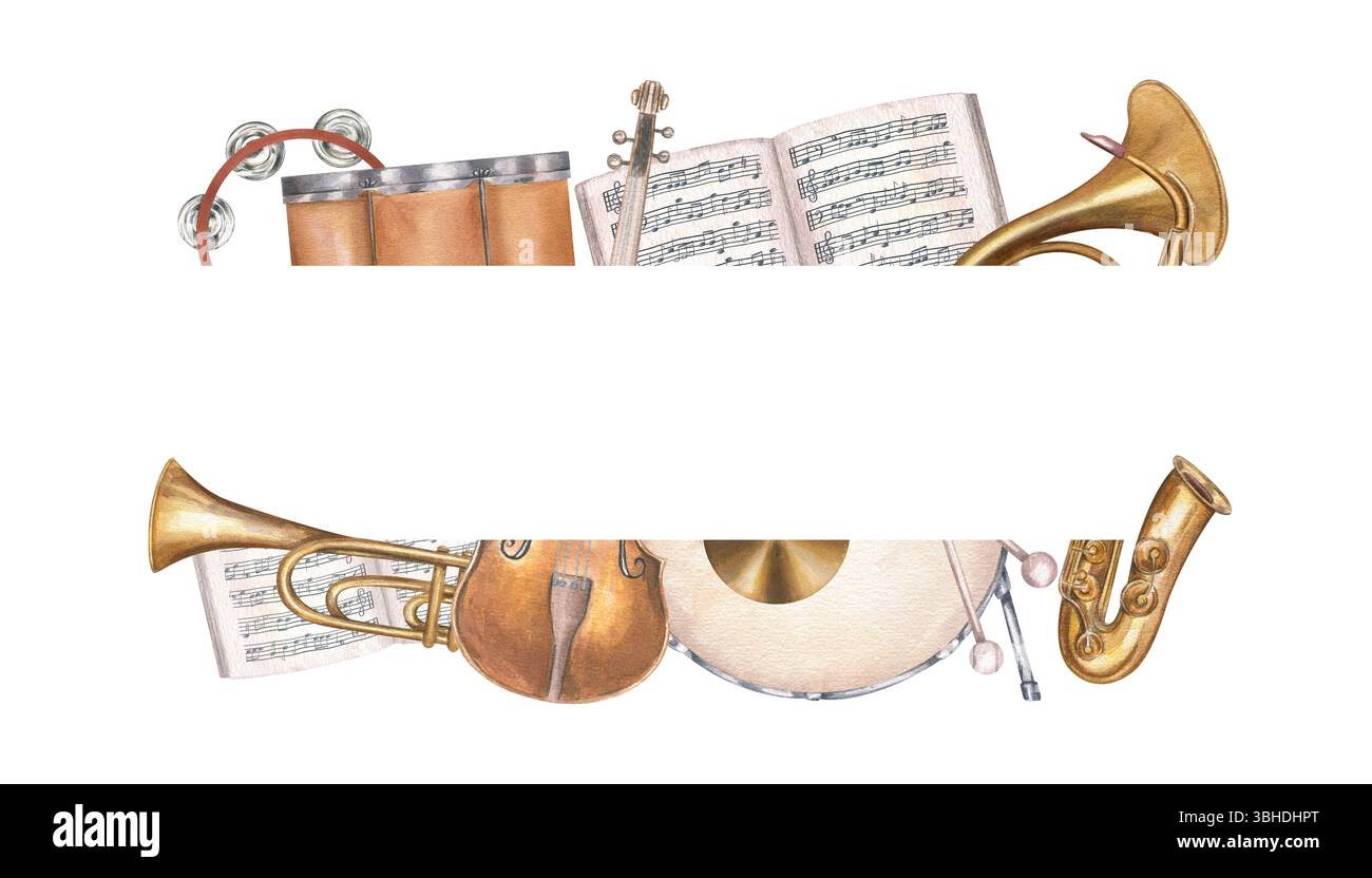 Musical Instruments Frames Watercolor musical frame with saxophone, French horn, drum and other ...