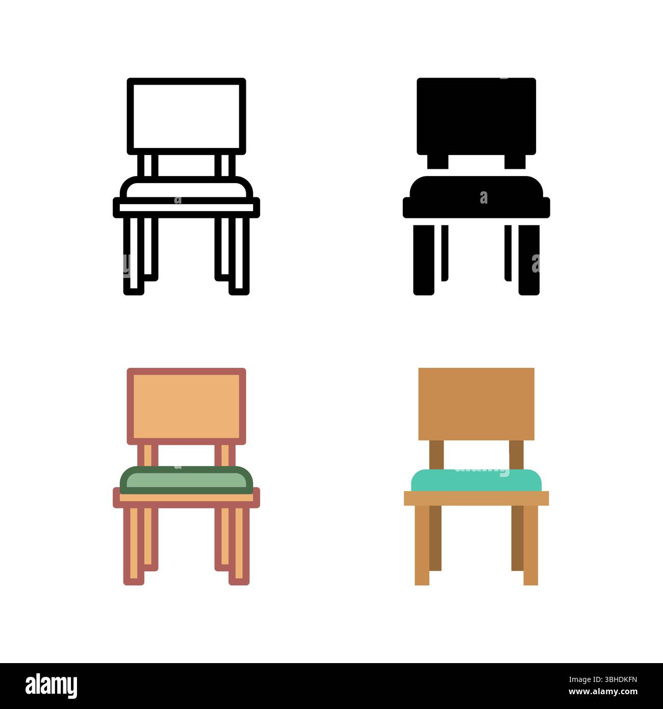 A comprehensive set of chair icons, encompassing various styles for dining, office, and general seating in home or commercial settings. Stock Vector