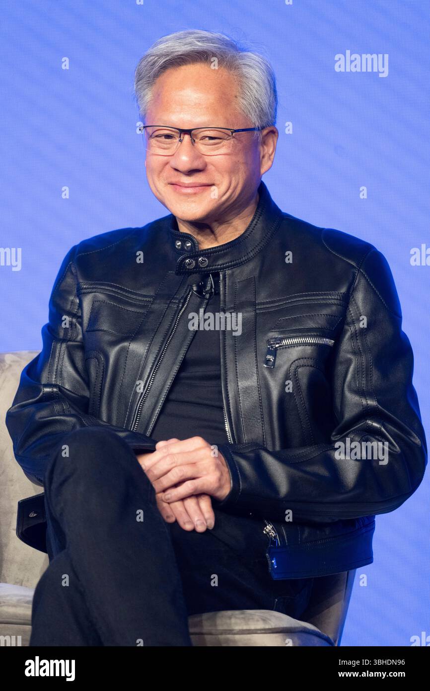 London, UK. 09 June 2025. London, UK Jensen Huang, CEO, Nvidia speaks ...