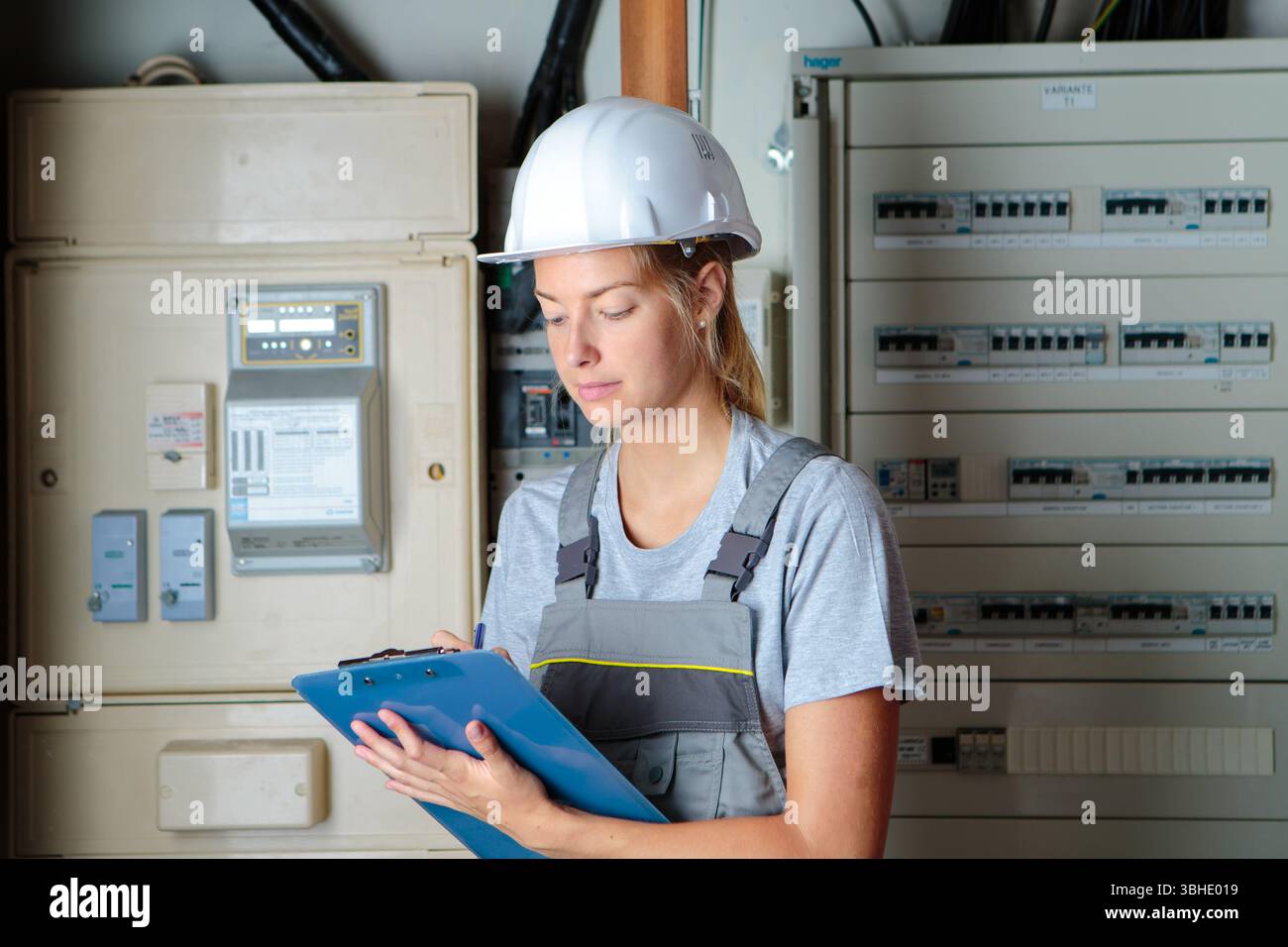 a lady inspecting a fuse board Stock Photo