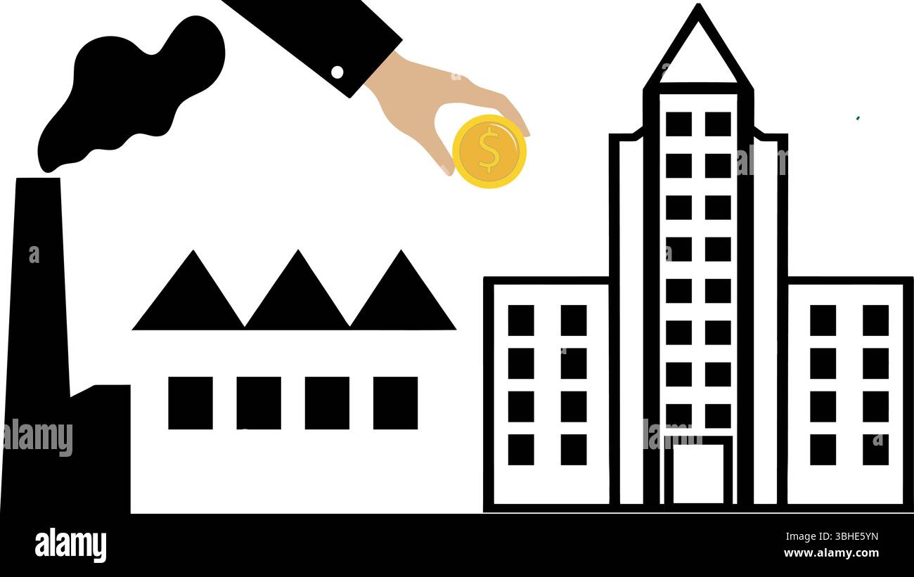 Industrial Investment & Business Growth - Factory, Building, and Money Icon Stock Vector