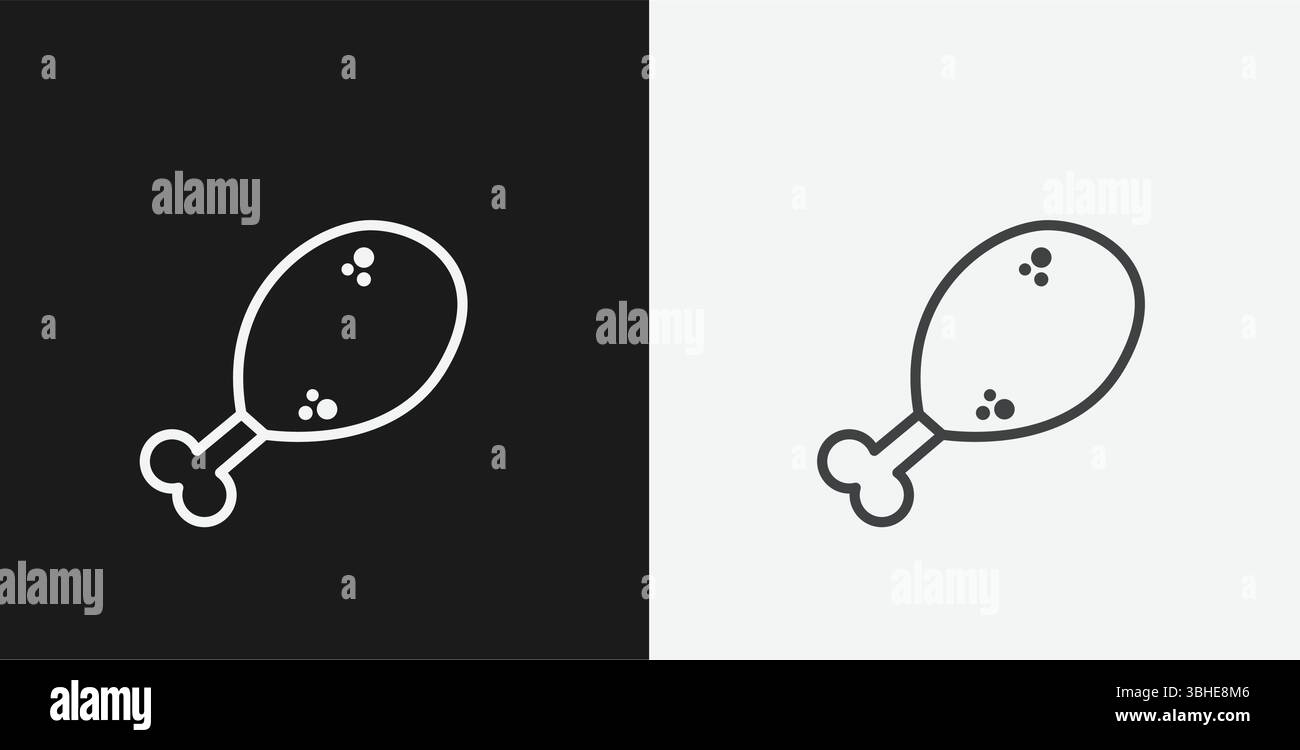 White Outline Icon Chicken Leg or Drumstick on Black and White Backgrounds, Representing Food or Meal Stock Vector
