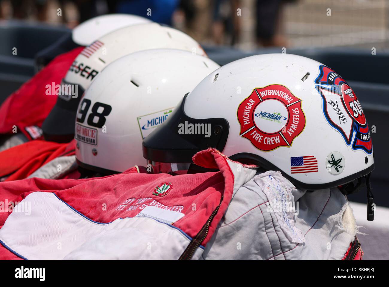 BROOKLYN, MI - JUNE 08: Helmets and fire suits of the Michigan ...