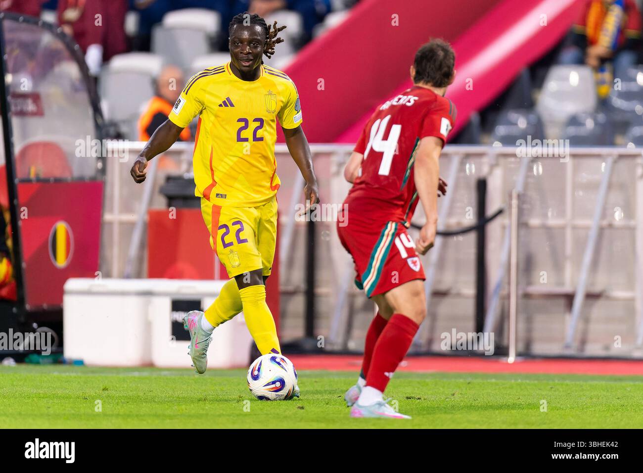 BRUSSELS, BELGIUM - JUNE 9: Jeremy Doku of Belgium battles for the ball with Connor Roberts of Wales during the FIFA 2026 World Cup Qualifier match between Belgium and Wales at King Baudouin Stadium on June 9, 2025 in Brussels, Belgium. (Photo by Joris Verwijst/Orange Pictures) Credit: Orange Pics BV/Alamy Live News Stock Photo