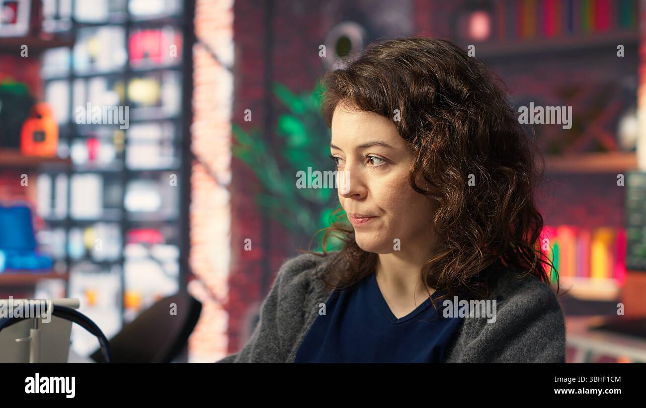 Worker uses AI chatbot system to guide through problem solving tasks, futuristic technology highlights smart algorithms and machine learning. Communication and IT support. Camera B. Stock Photo