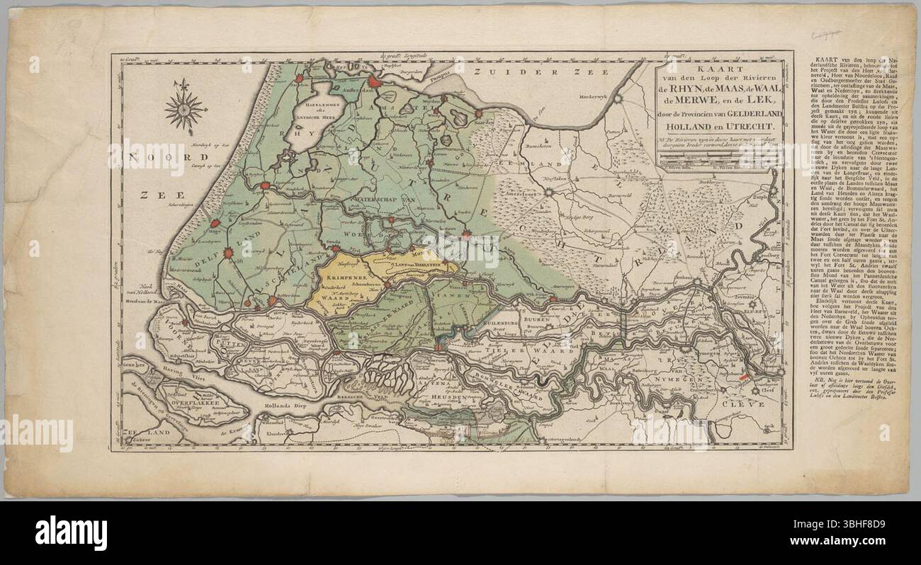 Kaart van den loop der rivieren de Rhyn, de Maas, de Waal, de Merwe, en ...