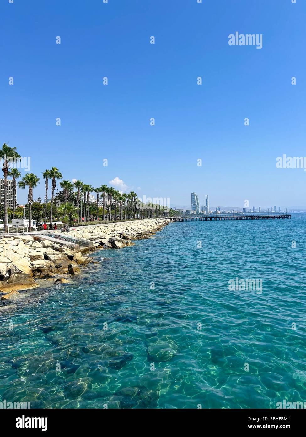 Urban coastal promenade with palm trees and crystal-clear turquoise water on a sunny day, with modern skyscrapers and a long pier in the background. - Smartphone Captured Stock Image