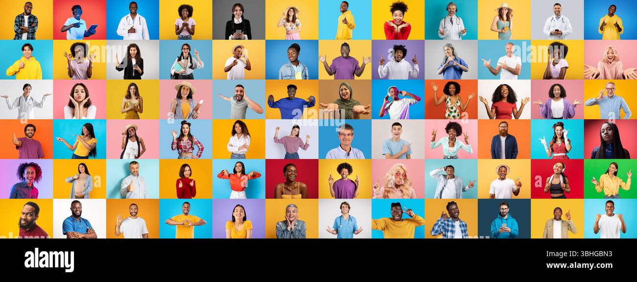 Diverse group of people showcasing various expressions and gestures in a collage Stock Photo