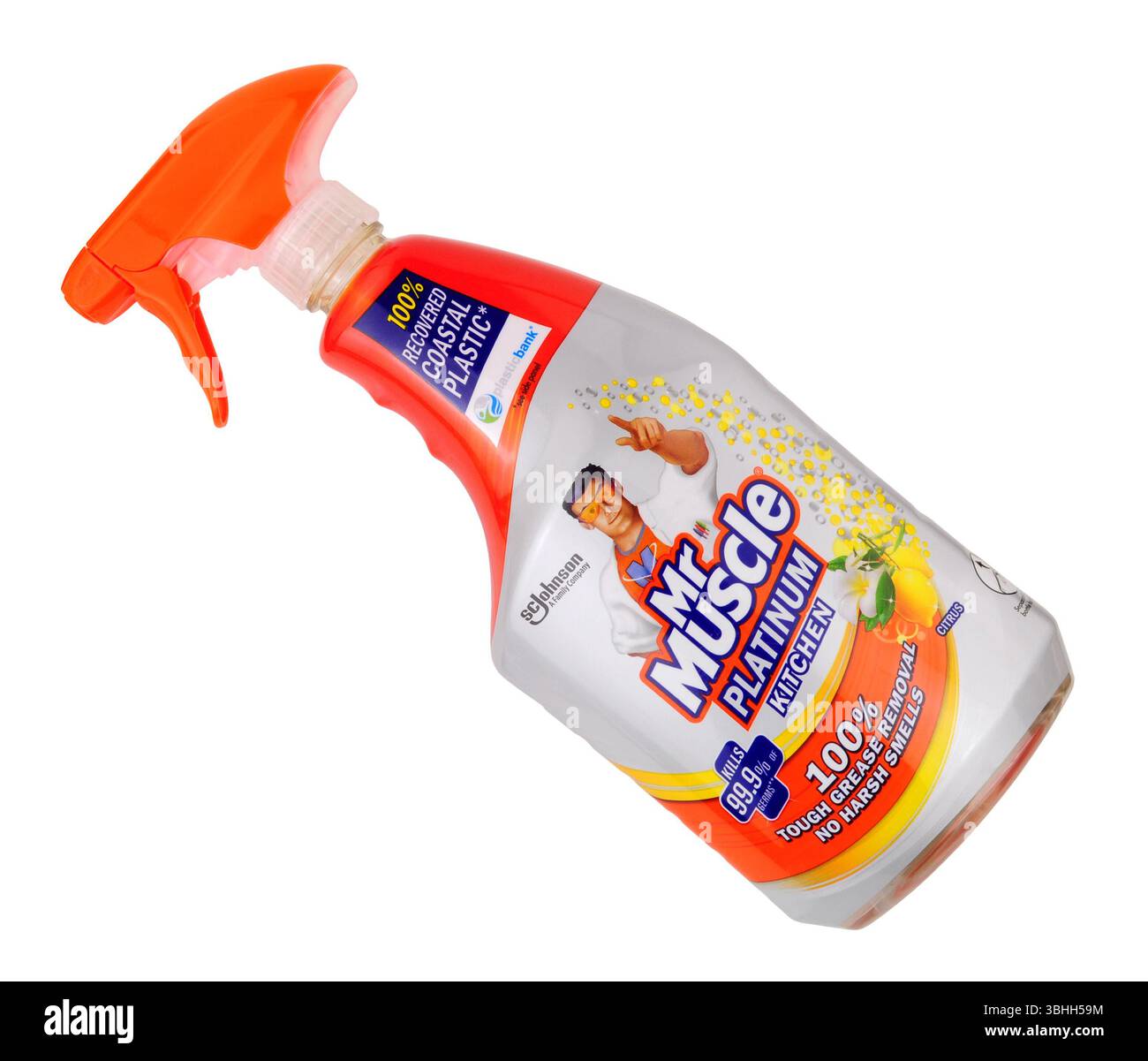 Mr Muscle platinum kitchen cleaner degreaser in a 750ml trigger spray bottle made from recycled coastal plastic Stock Photo