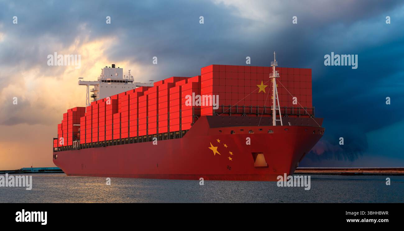 Chinese-flagged container ship entering port during storm Stock Photo