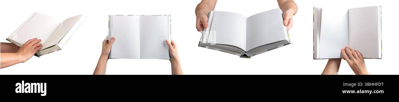 Hand holding an open book with blank pages, symbolizing education and learning. A perfect representation of study, wisdom, and literature for school, Stock Photo