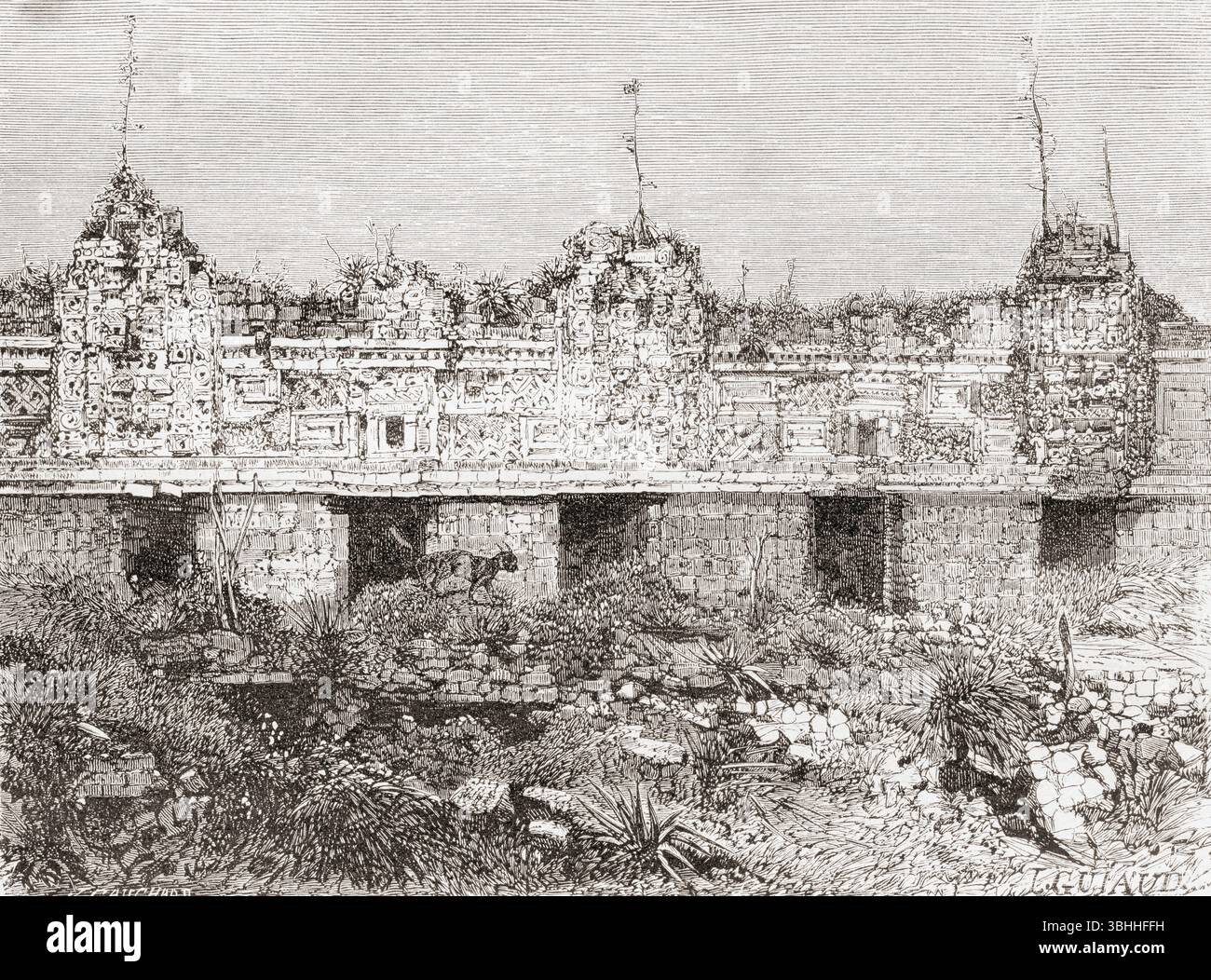 North facade of 'Las Monjas' complex, Chichen Itza, Tinúm Municipality, Yucatán State, Mexico, 19th century.  From A Voyage to Yucatan, Mexico, by M. Charnay, 1860.  Featured in Le Tour du Monde, published 1862. Stock Photo