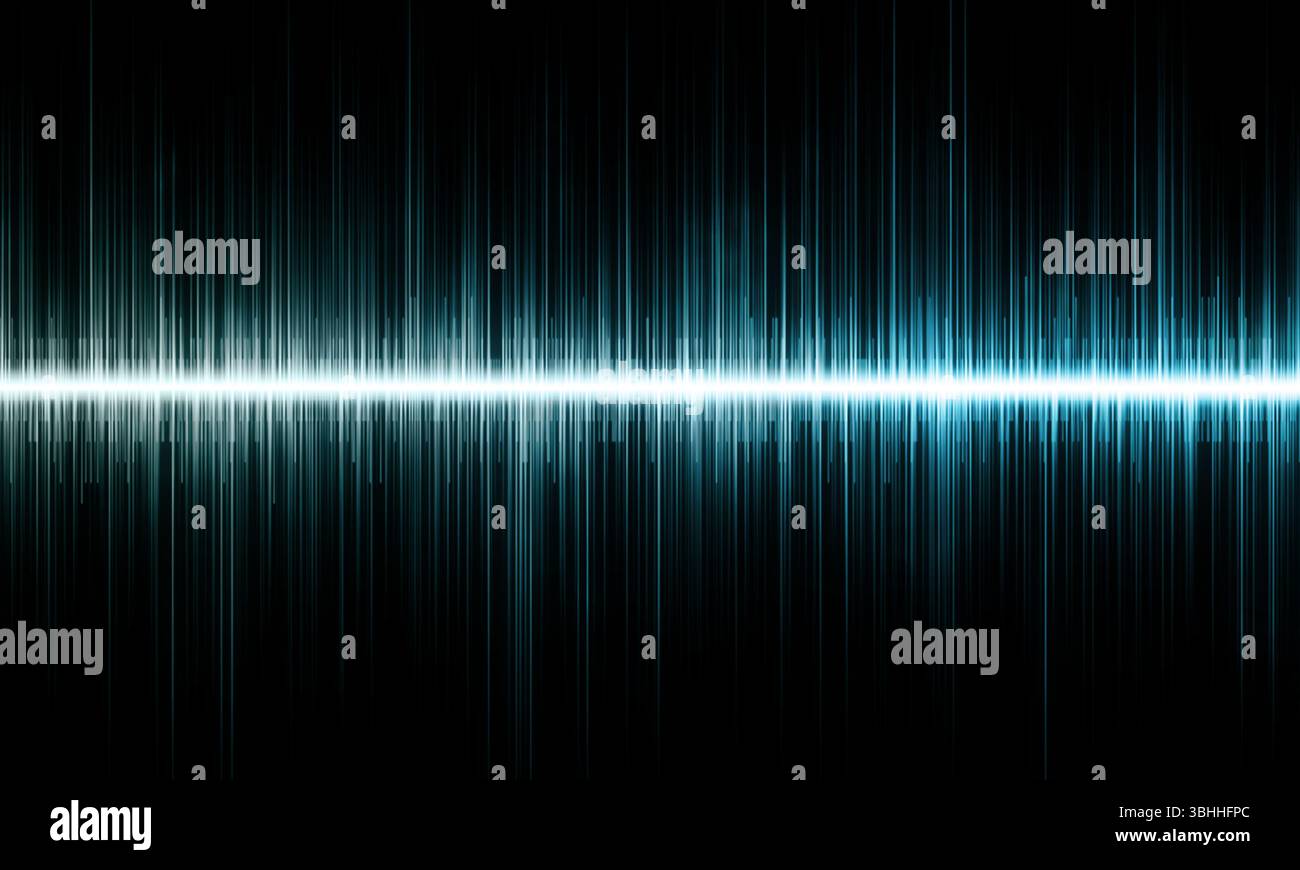 Sound wave and audio waveform, representing frequency, rhythm, and music. Abstract, digital signal with a glowing blue and black design, showcasing po Stock Photo