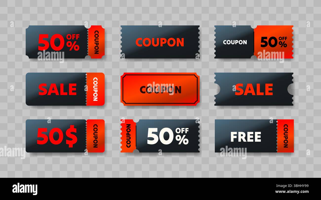Red and black coupons of different shapes, set of coupons on ...