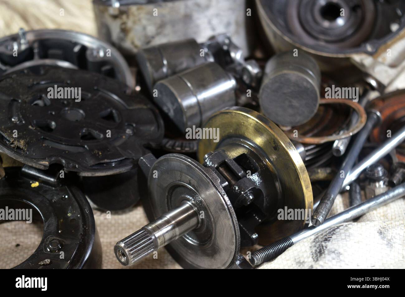interior parts and details of an old car air conditioner compressor ...