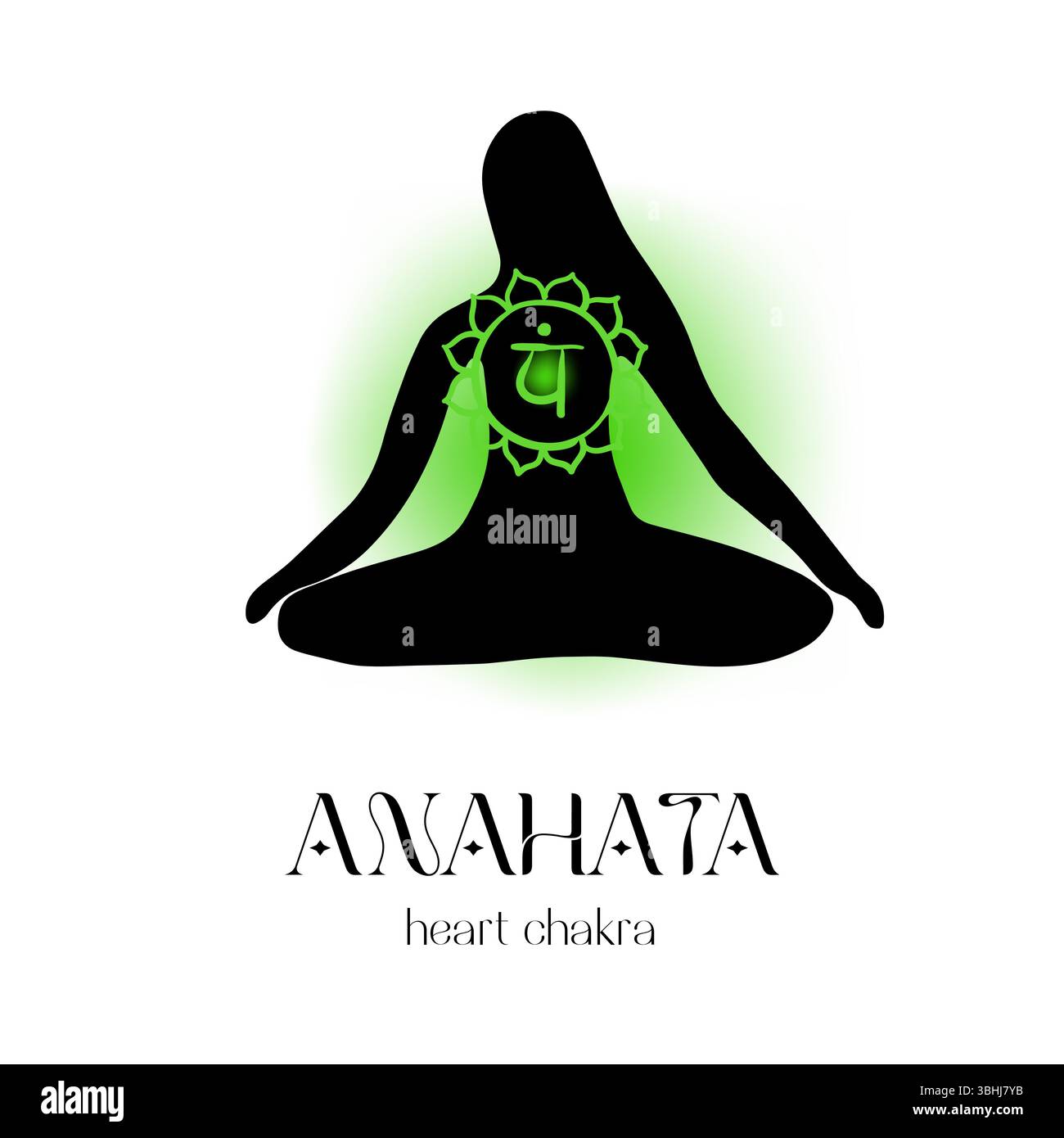Anahata heart chakra meditation figure with green glow and lotus symbol Stock Vector