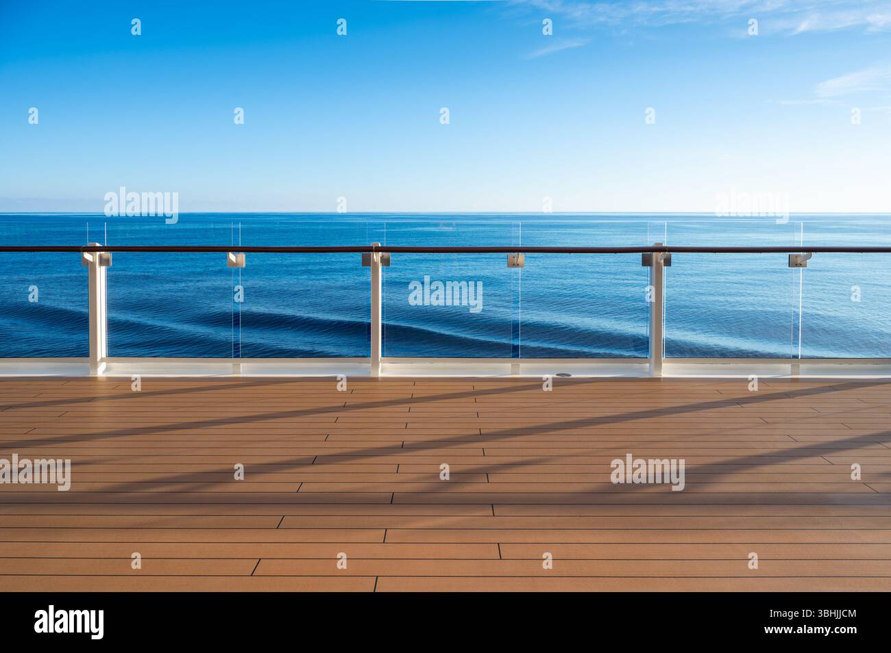 Cruise Ship Promenade Deck with Railing Stock Photo
