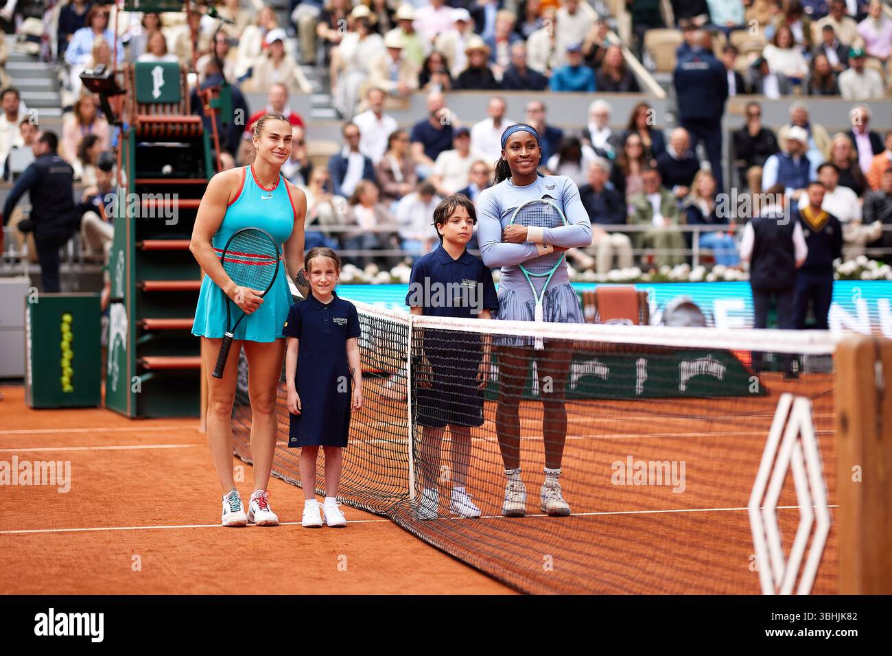 PARIS, FRANCE - JUNE 07:  Aryna Sabalenka and Coco Gauff of The United States during the Women's Singles Final match on Day Fourteen of the 2025 Frenc Stock Photo