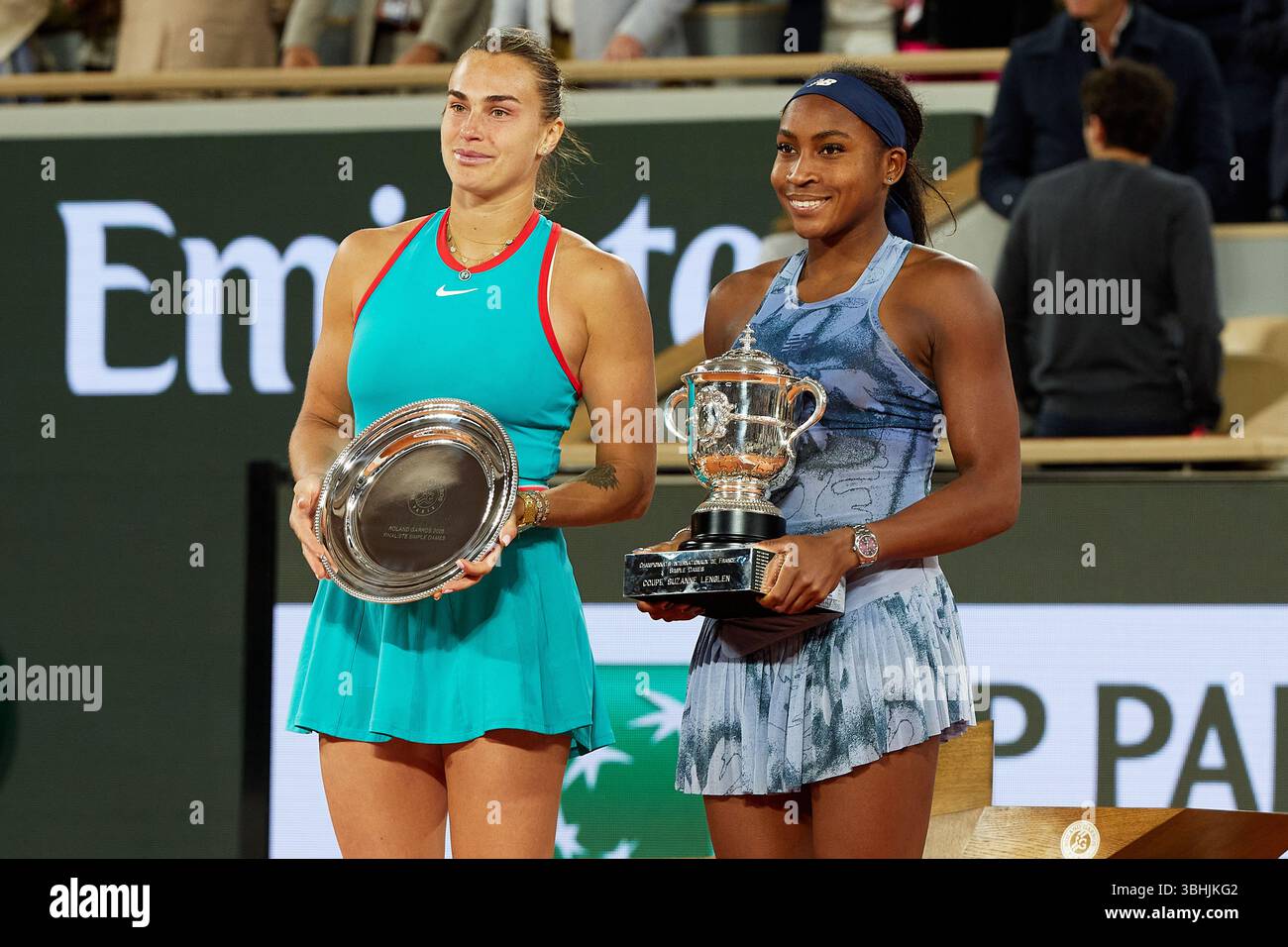 PARIS, FRANCE - JUNE 07:  Aryna Sabalenka and Coco Gauff of The United States during the Women's Singles Final match on Day Fourteen of the 2025 Frenc Stock Photo