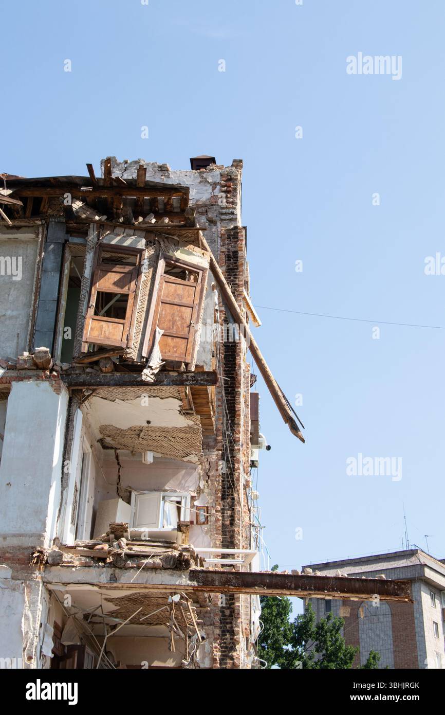 Destroyed residential building after missile strike in Ukraine ...