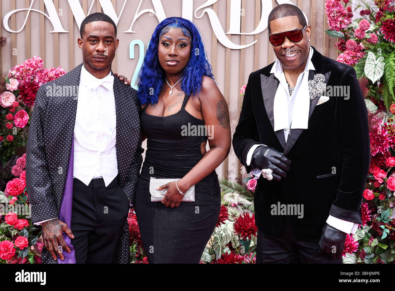 LOS ANGELES, CALIFORNIA, USA - JUNE 09: Trillian Wood-Smith, Connie  Diiamond and Busta Rhymes arrive at the BET Awards 2025 (25th Annual BET  Awards) held at Peacock Theater at L.A. Live on, image size:1300x957
