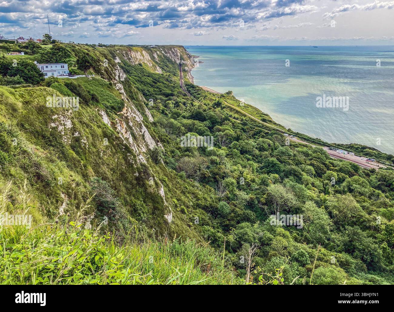 view looking east along the cliff-tops at Capel-le-Ferne looking towards Samphire Hoe, Kent - Smartphone Captured Stock Image