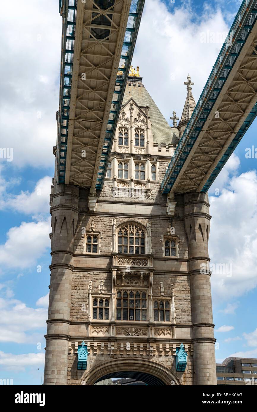 London, England, UK - May 3, 2025:  The Tower Bridge in London, view of the two horizontal walkways. Stock Photo