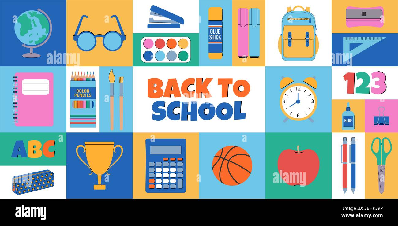 Back to school. Vector banner illustration, grid design. Stock Vector