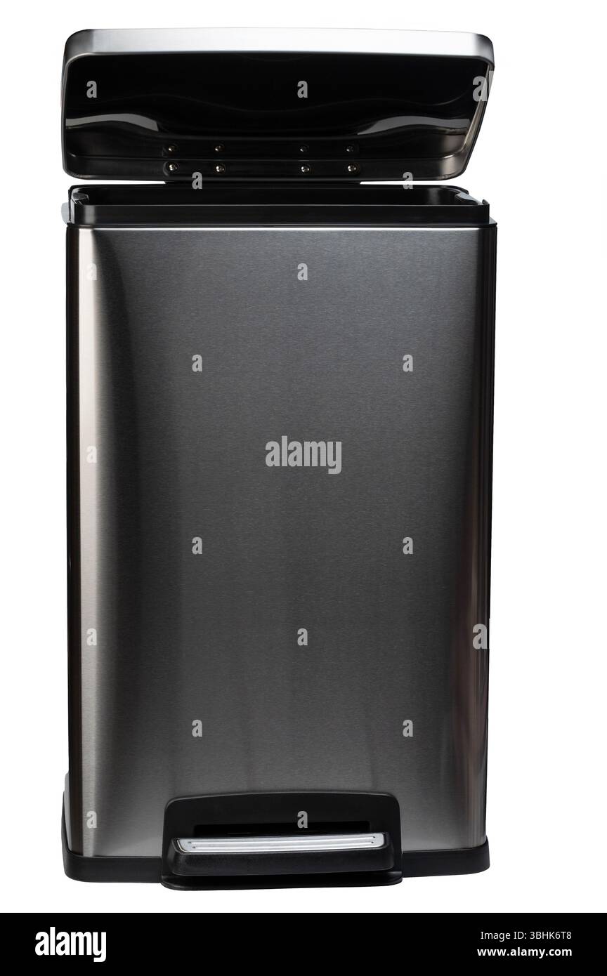 Metal open garbage bin with pedal front view isolated Stock Photo