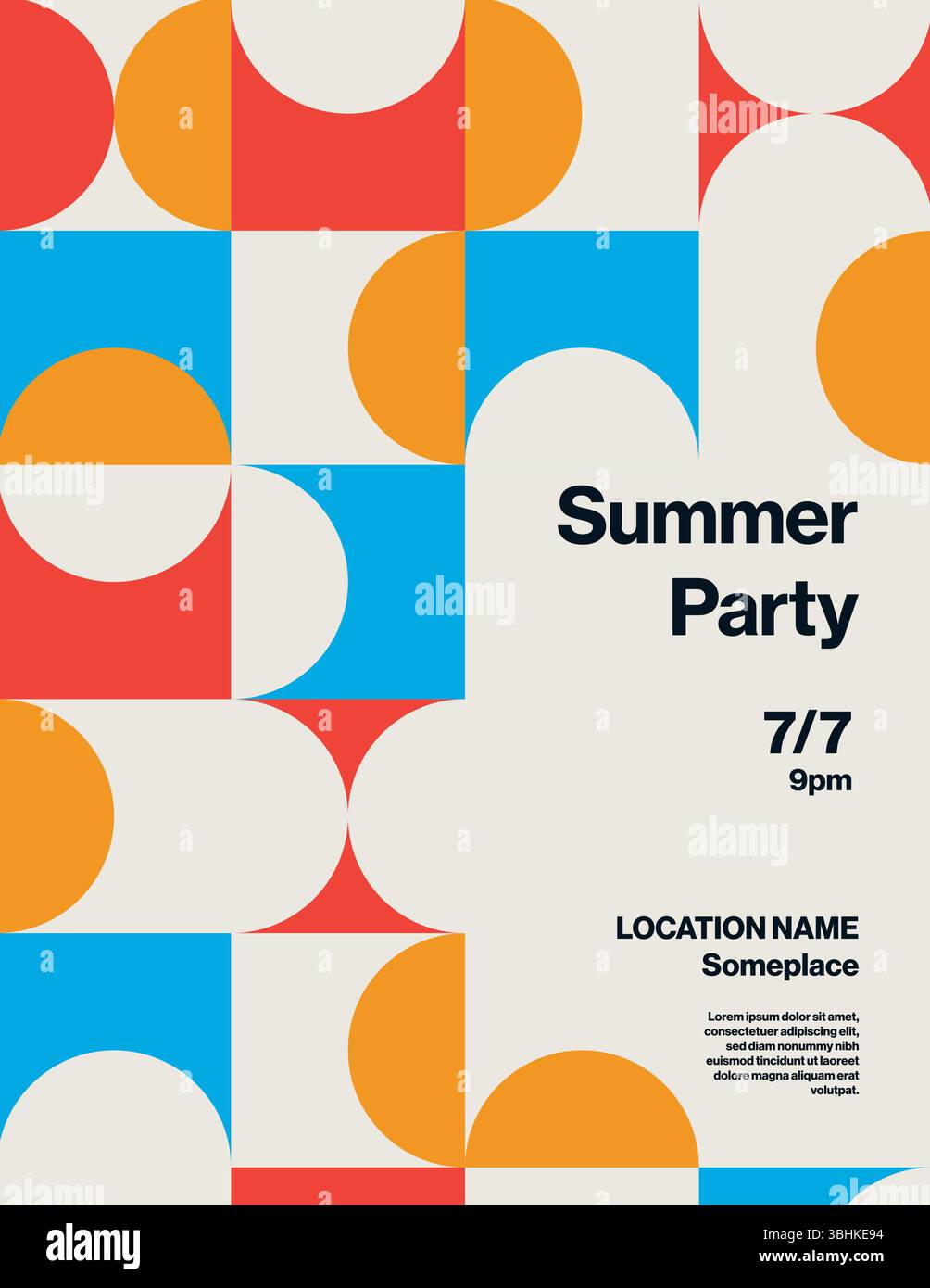Summer Party Poster Template with Retro Geometric Pattern. Editable EPS10 Vector. Minimal Design. Stock Vector