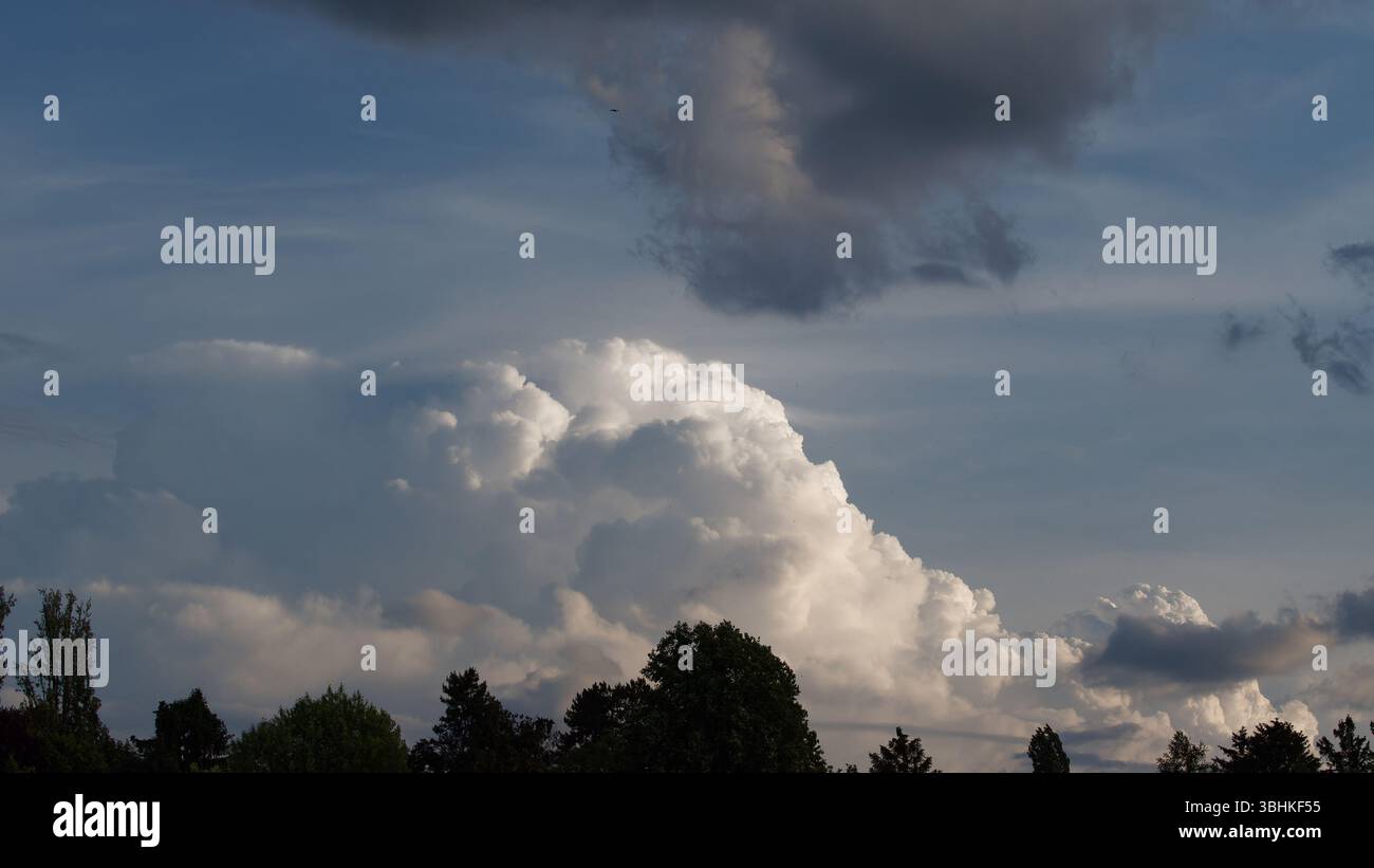 Dramatic Clouds in a Serene Blue Sky Over a Lush Tree Line Stock Photo